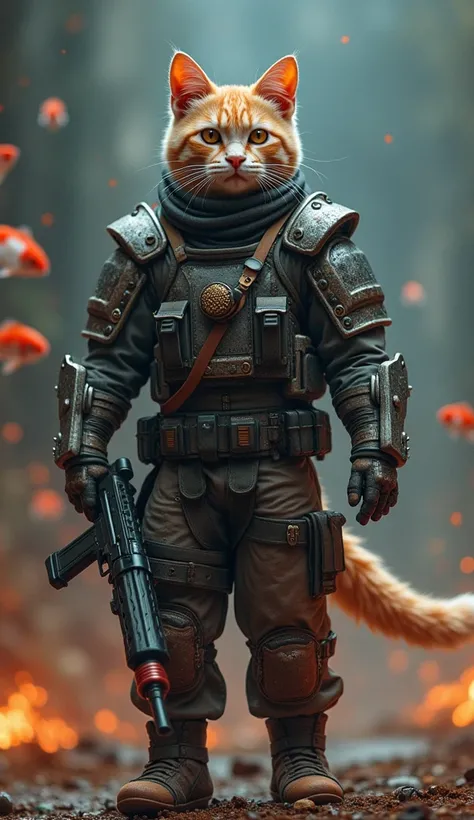 Best Quality,Highest quality, Detailed Details , reality,Focus , on cats A ホワイト cat ,Muscular, bodybuilders,  submachine gun,MAC10    , tec9 Gangsta rappers clothes , eating ramen , fantastic outer space in the background ,school of fish, metallic mechanic...