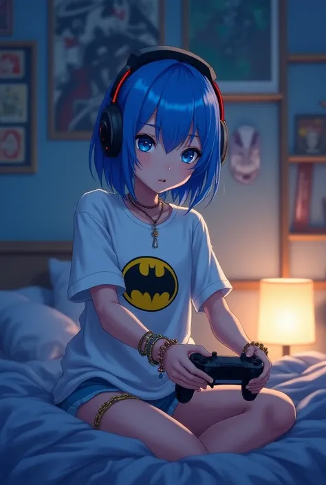 anime,  womens short blue hair , blue eyes, many bracelets , earrings, white t-shirt with LEGO Batman print, playing playstation,  on the head a headset , background a bedroom, night.