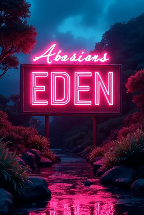 At night in Eden with a giant sign that says EDEN in capital letters and pink neon cursive on the top 