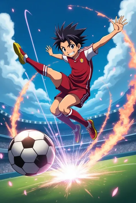  Create the character of an inazuma eleven who is doing hisatsu technique where he first kicks a ball into the sky and then jumps and kicks it in a spin until it forms a galaxy and kicks the ball by mentioning the hisatsu technique "galaxy, GINGA NO YUUSHA...