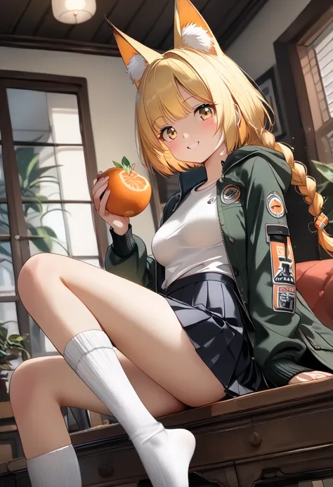 Prompt:(girl),(twin braid),sitting,(fox ears),((living in the room1.5)),(holding a fruit mandarine orange in one hand:1.5),((fleece jacket:1.5)),((black pleated skirt:1.5)),((white short socks:1.5)),(slim:1.5)),(soft focus),parted lips,smile,blush cheeks,f...