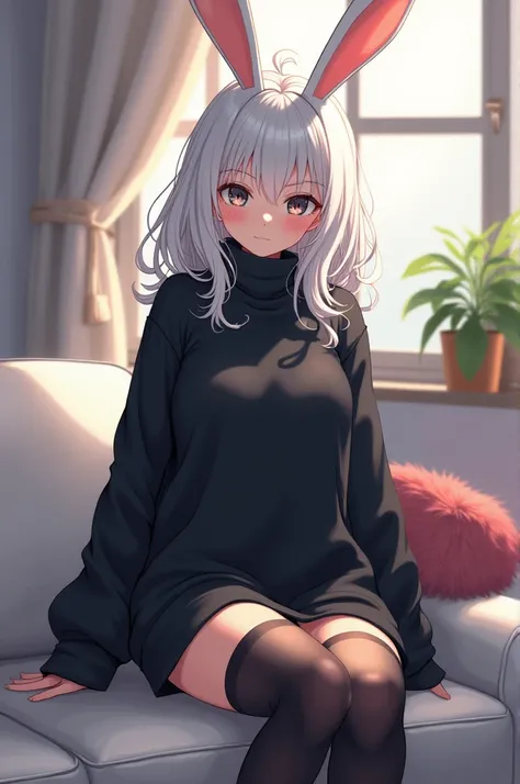 A bunny girl with white hair and white bunny ears wearing an oversized black turtleneck and black thigh high socks drawn in an anime style