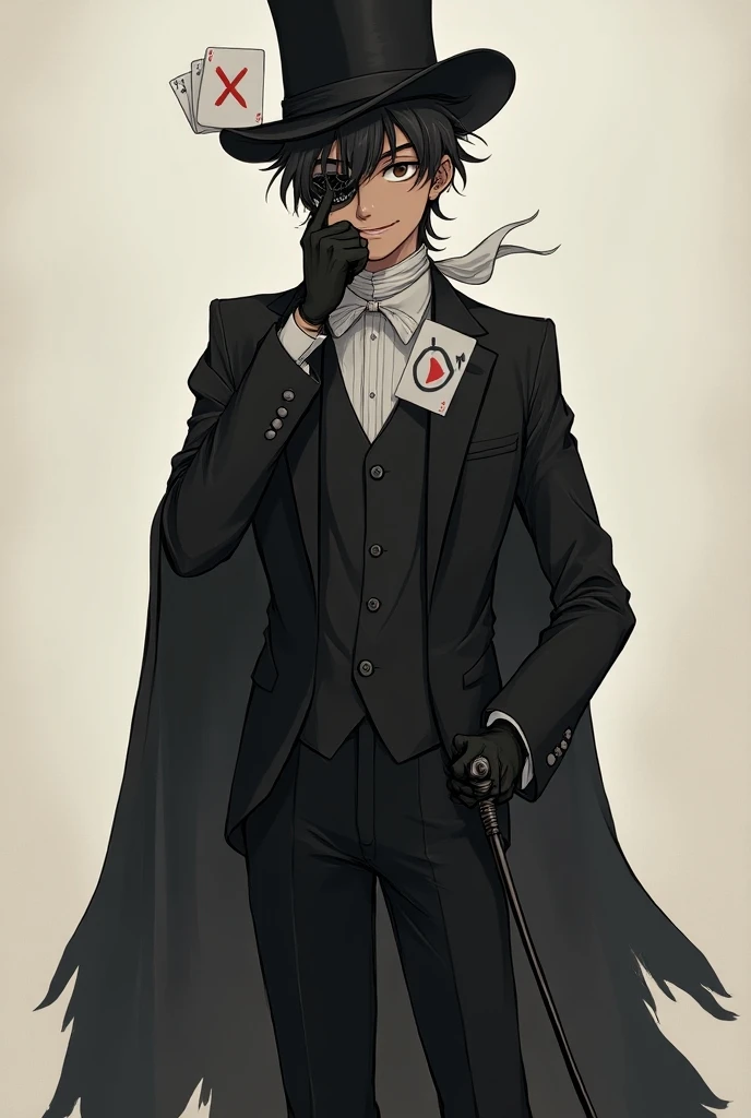 Tall boy [1.57mts ], short black hair, top hat a white ribbon that holds two cards , one of the cards has an X and the other has an O marked ,She wears a broken mask on her face , Mascari has a smile drawn, the boy has brown skin , the eye that is not cove...