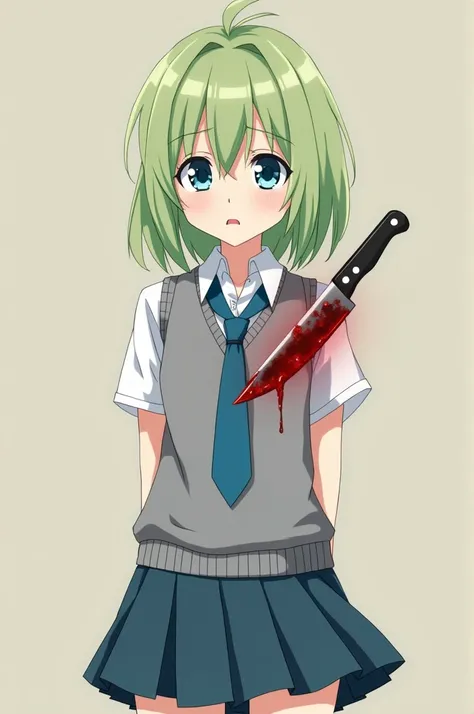  anime girl,  simple anime style ,  short hair with light lime green color , eyes in the color cyanos ,  gray school uniform with blue tie , short skirt,  has a knife stuck in her chest and bleeding,  rolled eyes.