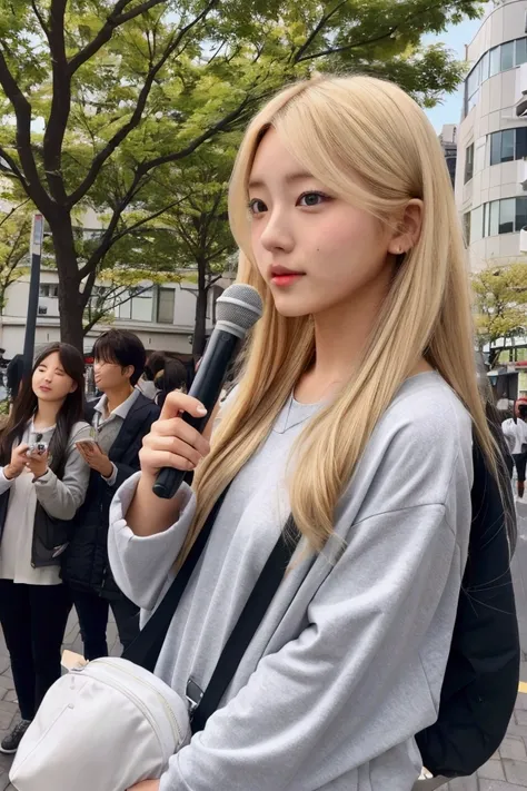 Japanese girl doing a street concert、Blonde、Clean face