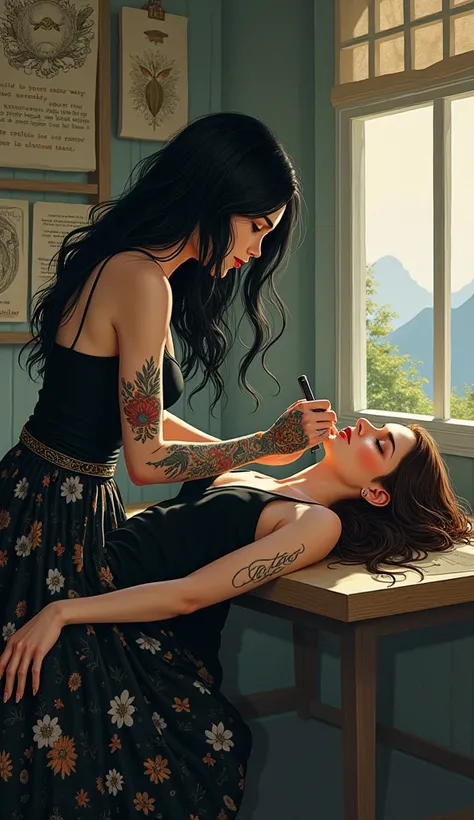  Tattooist wearing a long floral skirt ,  her hair is long wavy black .
 She is in a small mystical tattoo studio .
 She has tattoos on her hands and body . 
 She wears a closed sleeveless blouse . 
Are you tattooing a brown-haired woman who is lying down,...