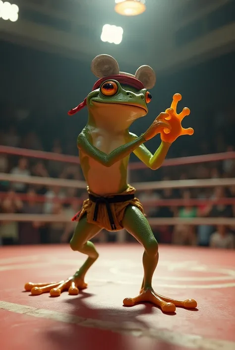 Frog standing on boxing ring , slim,  with Sensey headband ,  making the samuray greeting sign with a crowd background on seats.