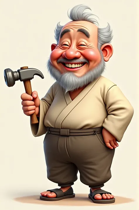 Caricature of a Korean grandfather holding a hammer and smiling