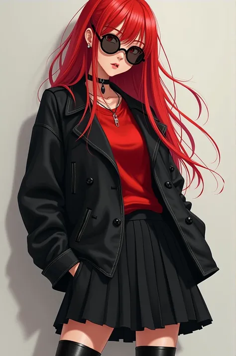 Girl with long red hair jacket black round lenses red shirt black skirt with black boots 