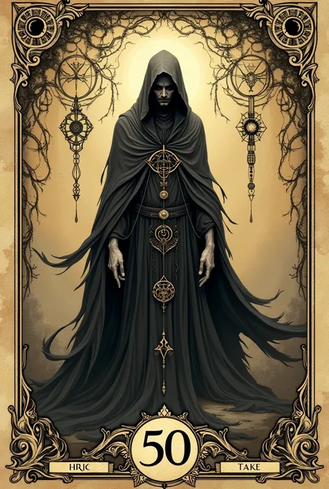 Number 50 and the words Maix image is in the style of sepia drawings and colors, of the Tarot de Marseille cards ,  with intricate details and a mystic , ancient atmosphere.
