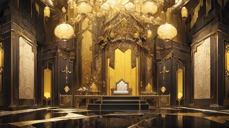 chinese kingdom, throne room, yellow ornament, no human, clean place, clean room
