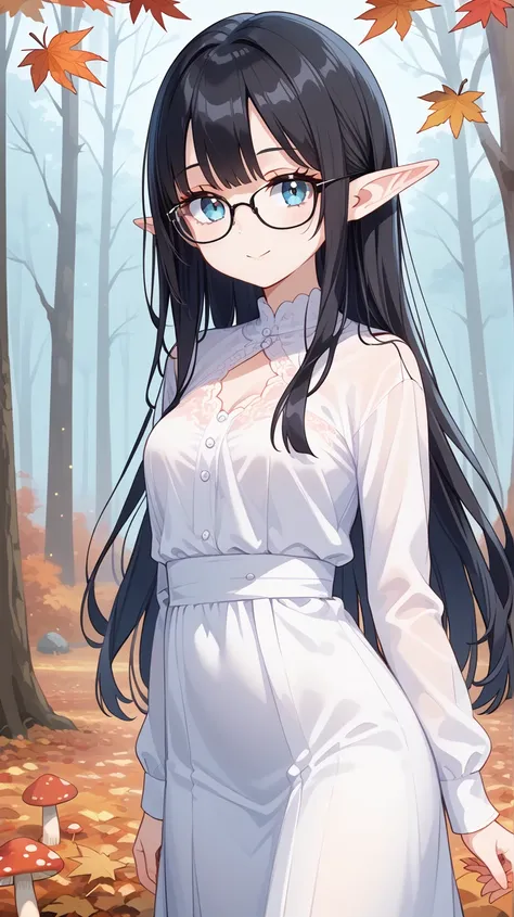  1 girl, Black Hair, long hair,Glasses,Elf,Autumn forest,autumn leaves,mushroom,Its going to decay, beautiful fall sunshine decaying,   Hi-Res, 最高quality, Accurate, 高quality, quality,    very detailed,
