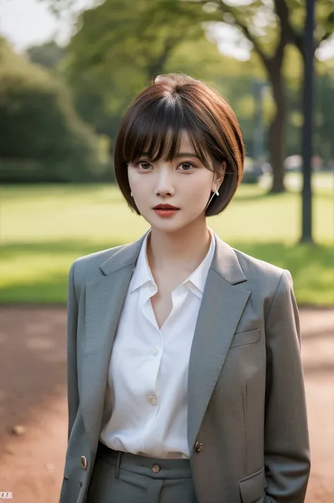 a woman aged 20 who is standing at the park is the most beautiful actress, short hair cut to above ears as a man, suit and tie, pants, nsfw, best quality, highly detailed, masterpiece, ultra high res, photo realistic, 8k, RAW photo