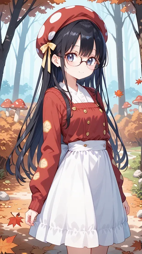  1 girl, Black Hair, long hair,Glasses,mushroomまみれのエルフ,Autumn forest,autumn leaves,mushroom,Its going to decay, beautiful fall sunshine decaying,   Hi-Res, 最高quality, Accurate, 高quality, quality,    very detailed,
