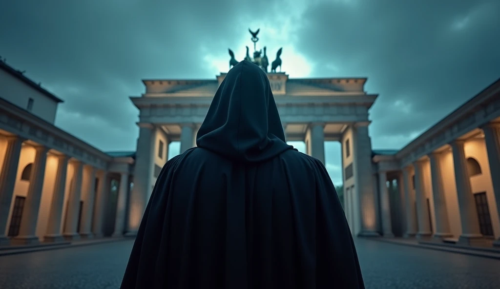 A shadowy figure in a dark robe, standing in front of the Brandenburg Gate, representing the Antichrist rising in Europe. Behind him, European landmarks glow with a sinister aura, symbolizing the rise of a new world power. The scene is eerie, with a sense ...