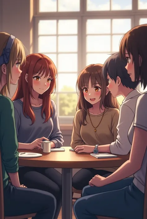  High resolution,  top quality,   fans favorite illustrations ,  super detail , (detailed face), ( detailed eyes)  in a place , A group of people are sitting together and communicating with each other.