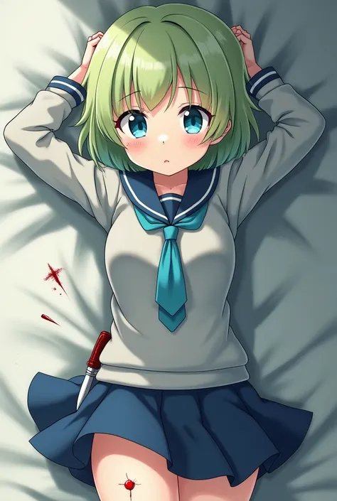  anime girl,  simple anime style ,  short hair with light lime green color , eyes in the color cyanos ,  gray long-sleeve school uniform with blue tie, short skirt,  knife tucked into your body , is bleeding, rolled eyes blue , In the lying position .