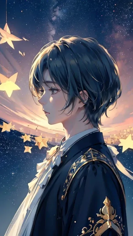 Beautiful Boy、male、Highest quality,masterpiece,masterpiece portrait,Intricate details,Magnificent Light,Very delicate、so beautiful、
 starry sky 、Shining Star、First Star、A sky full of stars
