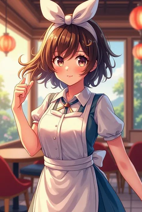 (Amazing. Super high quality. So beautiful. Super detailed. Perfect face. Perfect eyes. Perfect anatomy. Masterpiece. Incredible. Perfect lighting.) Dynamic angles. 2D. Japanese watercolor anime illustration. Vivid colors. A single waitress with a big smil...