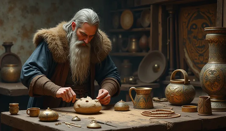  A realistic image of Viking art and culture in the Middle Ages ,  showing a collection of sculptures , joias e decorated artifacts .  The scene must include a Viking craftsman working on a workshop ,  sculpting a figure in wood or stone ,  with traditiona...