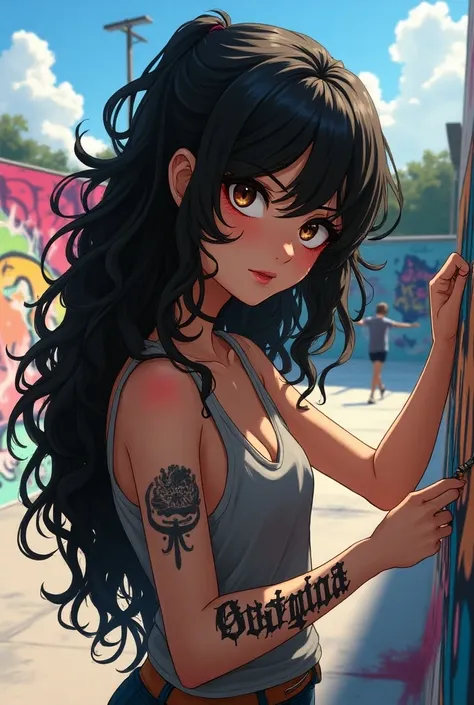  realistic adolescent anime character , with long black and curly hair .  Her eyes slanted and with a beautiful brown color,  a tattoo of Katrina on her left arm .  At a skate park doing her art of graffiti 