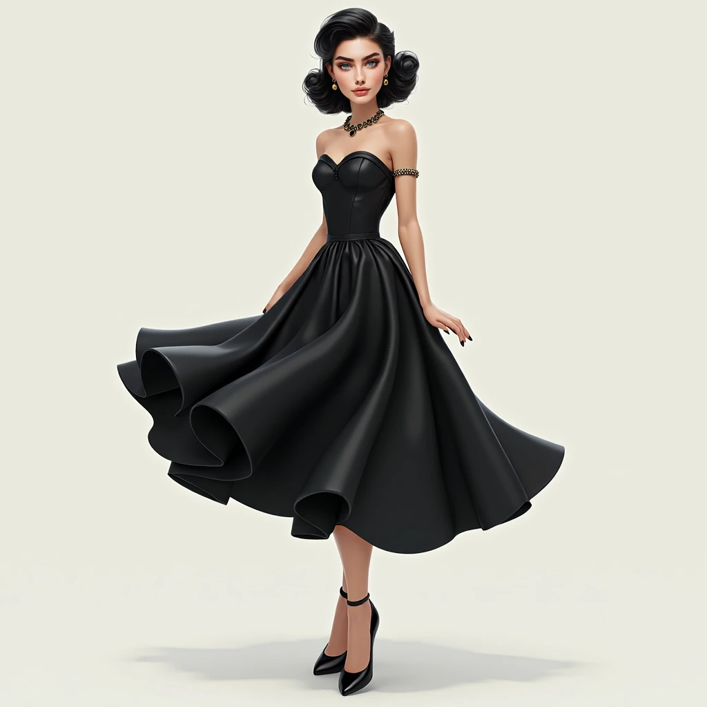 Young thin woman,  blue eye,  hairstyle from the fifties black  , A ladys voluminous medium black dress from the fifties,  black circles from the fifties  ,Jewelry from the years   ,  black high shoe from the fifties  ,  doing dynamic pose  , with white ba...