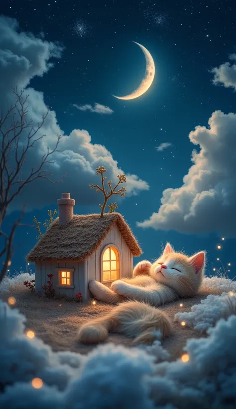 girl baby cuddles kitten, sleeping with eyes closed, fantasy, fantasy house, dream me, overcast night, crescent moon, stars, clouds, profile picture, miniature photography, beautiful art uhd 4 k, charming and whimsical, reflection of light, color photograp...