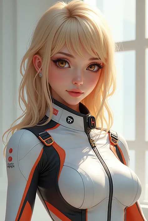 Brown-eyed blonde princess wearing Formula E outfit with bangs in her hair