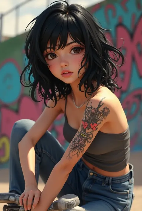  realistic adolescent anime character , with medium black and curly hair.  Her eyes slanted and with a beautiful brown color,  a tattoo of Katrina on her left arm .  At a skate park doing her art of graffiti 