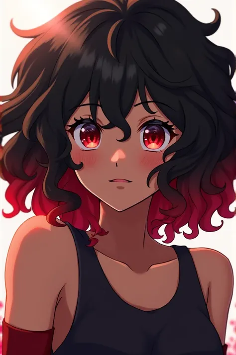  Boku no hero style Hair :  Kimi has curly hair ,  voluminous and black with red tips . The curls are defined ,  and the hair goes up to the shoulders ,  with red tips shining as if they were magically dyed.
eyes:  Her eyes are a ruby shade ,  plus they sh...