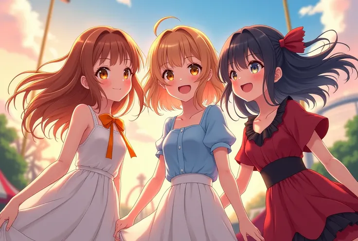 3girls, group, super fine illustration, an extremely delicate and beautiful, best quality, masterpiece, 8K, amusement park scene, ferris wheel, roller coaster, cheerful atmosphere, sunset lighting, carnival atmosphere, dynamic poses, perfect lighting, vivi...