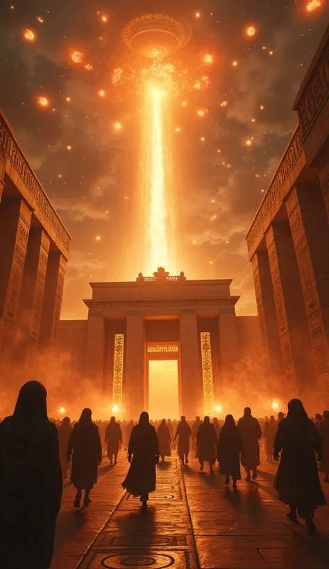 Create a scenario where burning fireballs fall from the sky over an Egyptian Palace with many Egyptian people running,  realista em 8k full HD