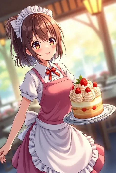 (Amazing. Super high quality. So beautiful. Super detailed. Perfect face. Perfect eyes. Perfect anatomy. Masterpiece. Incredible. Perfect lighting.) Dynamic angles. 2D. Japanese watercolor anime illustration. Vivid colors. A single waitress with a big smil...