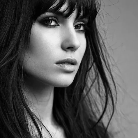 arafed black and white photograph of a woman with long hair, black and white image, by irakli nadar, messy bangs, close up face, bw close - up profile face, delicate facial features, by Kati Horna, by Silvia Pelissero, disheveled, close up of face, close -...