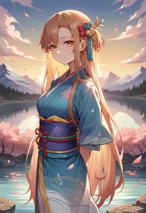 asuna,  masterpiece ,  Best quality, DETAILED, (1 girl), Alone, DETAILED golden eyes, long hair, Standing, close to viewer, (DETAILED kimono), light smile,  medium breasts,  ( arms behind the back), Water, sunset, ( hair ornament), (Sakura blossom),   snow...