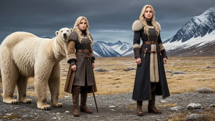 "A character design of a witch inspired by Goldilocks in a medieval fantasy setting. She has a Germanic appearance with golden blonde hair and is always accompanied by two polar bears, giving her a powerful and commanding presence. Her attire is rugged yet...