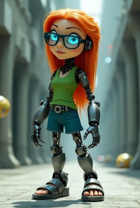 MertleEdmondsLSXL, MertleEdmonds, Mertle Edmonds, Mertle Edmonds (Lilo & Stitch), , black eyes, orange hair, long hair, blue glasses, flat chest, green shirt, short sleeves, blue shorts, green sandals, robot version