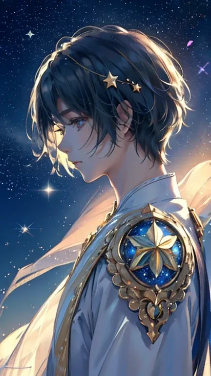 Beautiful Boy、male、Highest quality,masterpiece,masterpiece portrait,Intricate details,Magnificent Light,Very delicate、so beautiful、
 starry sky 、Shining Star、First Star、A sky full of stars
