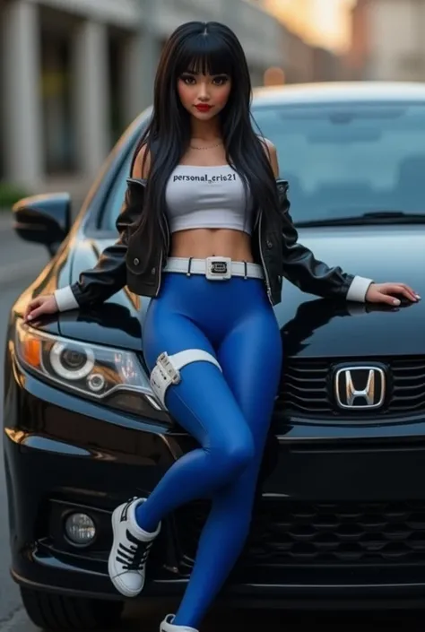 A sexy funko pop of a sexy woman , with white leather backs , long black long straight hair ,  wearing royal blue leggings and a white top written “personal _ cris21” with his hands on the hood of a 2014 Honda Civic in black 