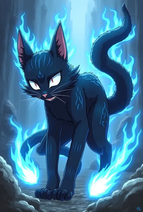 Create a character from the dandadan anime that has the power of yokai nekomata namely yokai cat tail 2 with the power of blue fire and join the okarun team in the dandadan anime