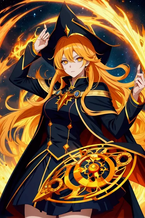 wizard woman, have power like majesty god in anime, orange eye color , golden hair , black clothes and blue cape