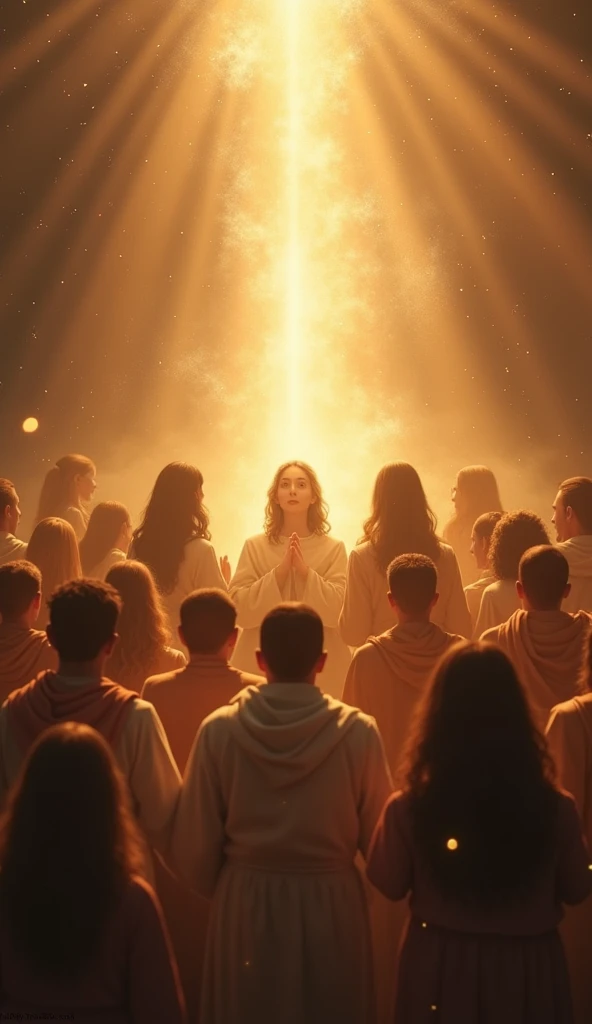  a scene showing a group of people in communion ,  united in prayer under a heavenly light that descends from above.  Expressions of peace and hope illuminate their faces ,  and particles of light surround the scene ,  symbolizing blessings and divine prot...