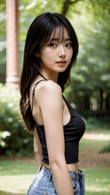 ((One beautiful woman)),(Best Quality,32K,masterpiece, super high definition:1.37),(Realistic photo:1.37), Anatomically Accurate ,20 year old Japanese idol,Slender beauty:1.3,(( medium breasts:1.37)), thin waist,Long Hair,Fair skin,(( Black Tank Top:1.37))...