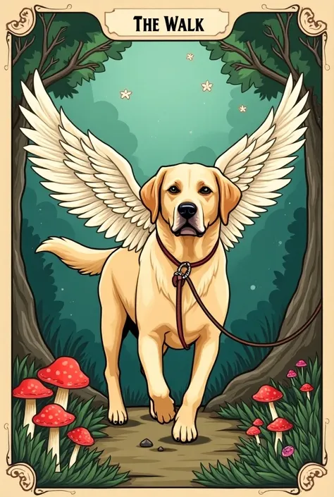  An icon for Instagram of a tarot card that is a little dog with wings of the Labrador breed,  walking with a strap , with the design / card style  "rider ",  that there are no humans ,  and the name of the card is  "The walk",  that there is a natural env...