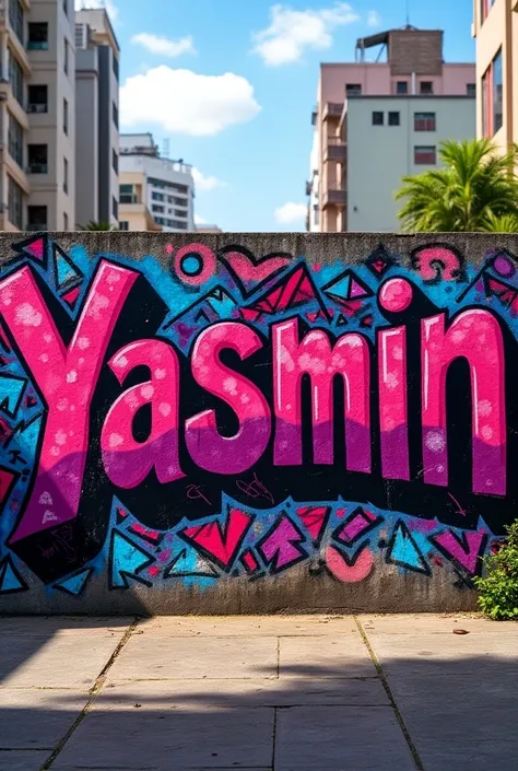 Wall with graffiti written by Yasmin in pink, purple and black in Cidade Grande