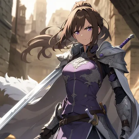 Anime, well detailed, paladin, paladins purple clothes, Cape, 1 girl, Fluffy ponytail hair ((brunette)), serious, sword ((Double blade))