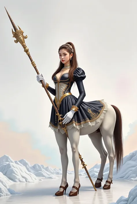 1Centaur Girl,((masterpiece)), best quality,absurd, super detailed,(whole body:1.5), golden ratio , super cute beautiful Asian Edoo girl , very beautiful bright violet eyes , beautiful colorful shiny brown hair ,High Ponytail,Good figure,fit, perfect figu...