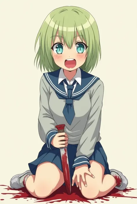  anime girl,  simple anime style ,  short hair with light lime green color , eyes na cor cianos,  gray long-sleeve school uniform with blue tie, short blue skirt,  knife stuck in his belly,  is bleeding all over the belly, eyes:  twists of excitement , Blo...