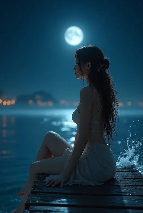 (Realistic),  masterpiece, 最 high quality,  high quality,  High Definition,  extremely detailed, 

((A woman sits on a pier jutting out into the lake)), 
((Squall, Wave Splash)), 
(( starry sky )),
Shine, Sparkle, 

( wet hair,  wet skin ,) 
Brown Hair, 
(...