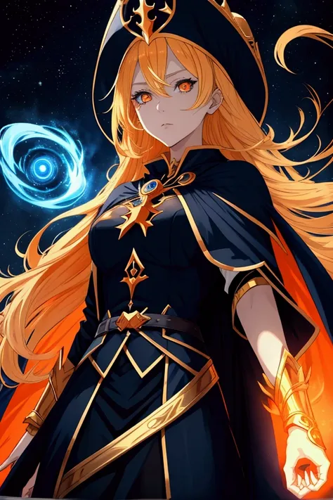 wizard woman, have power like majesty god in anime, orange eye color , blonde hair , black clothes and blue cape